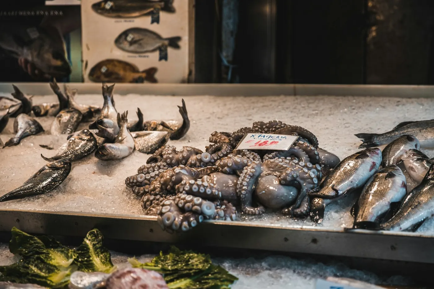 The fish hall of the Varvakios central market on Athinas Street, Athens, Greece