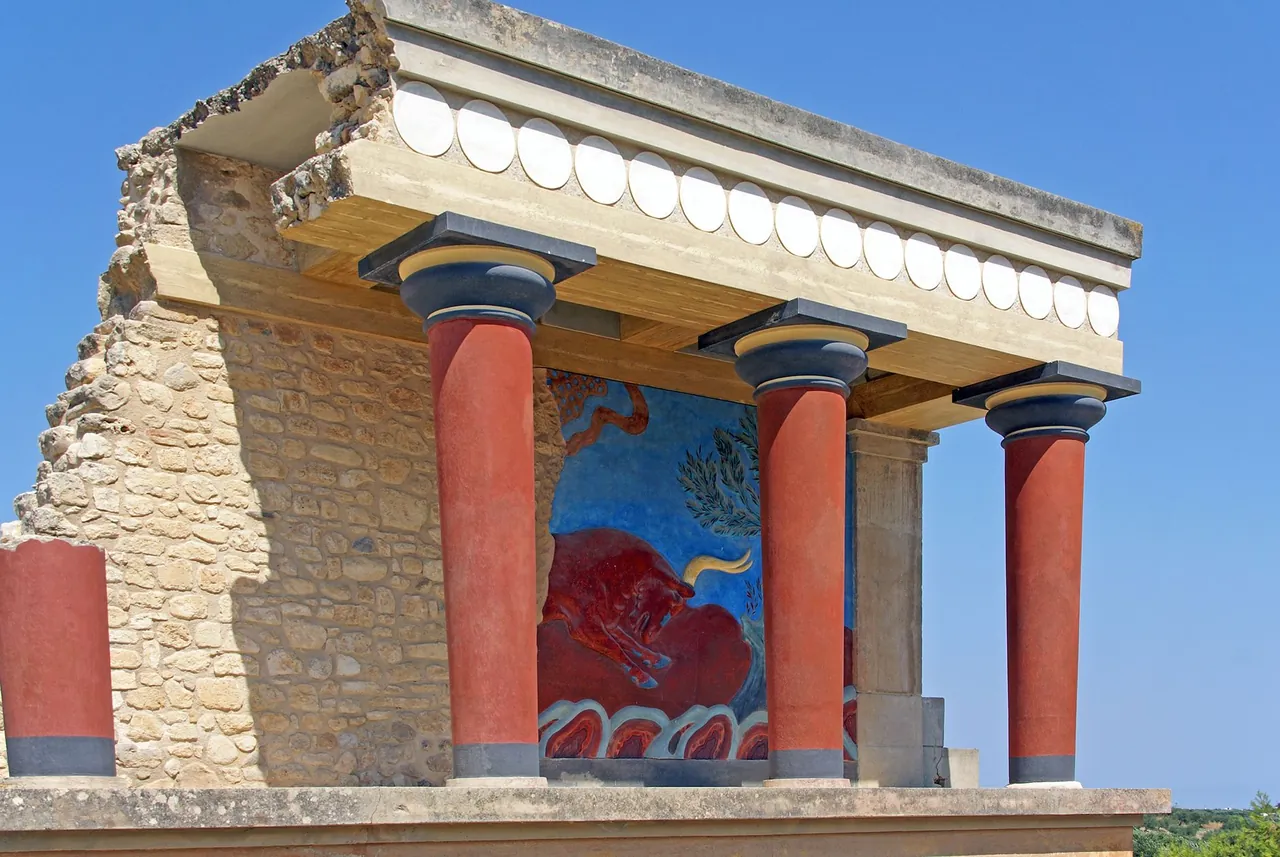 The reconstructed columns and ruins of the Minoan palace of Knossos near Heraklion, Crete, Greece