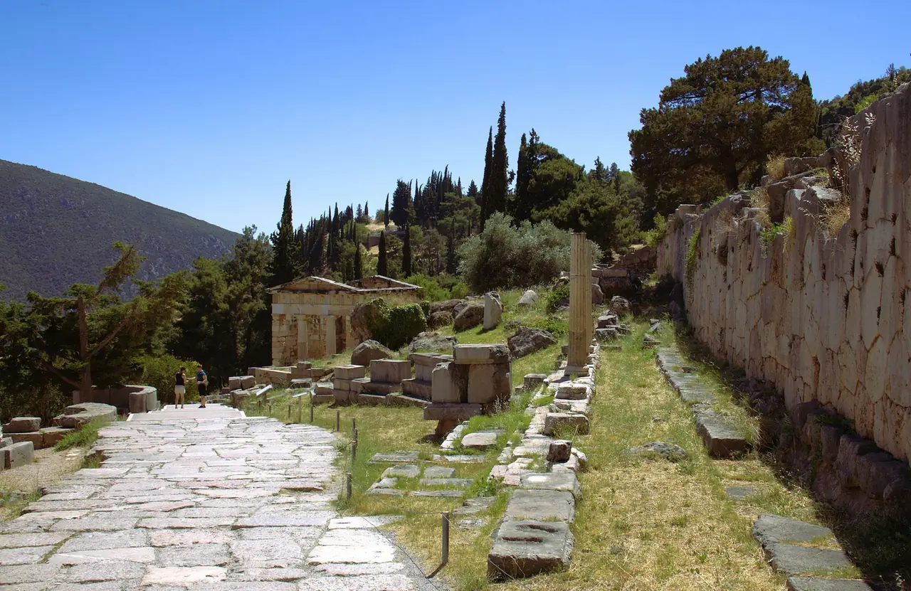 Ancient ruins of Delphi on the slopes of Mount Parnassus in Greece