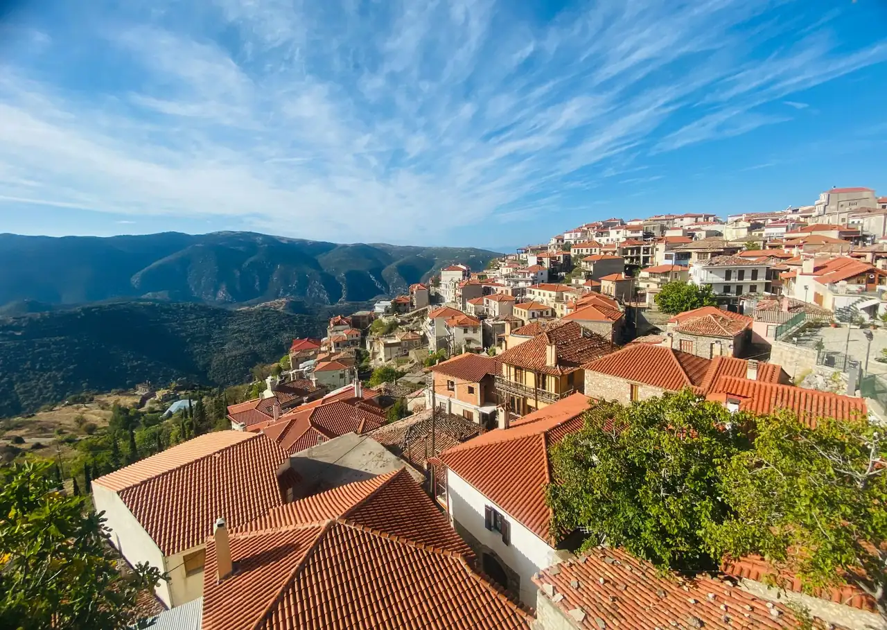 The stone houses of Arachova town on the slopes near Delphi, Greece