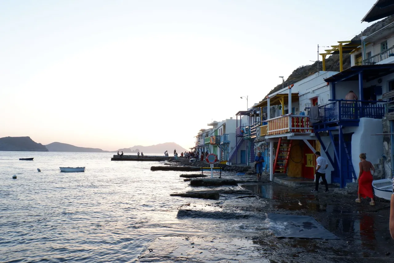 Colourful fishermen's boat houses at Klima on Milos island, Greece at golden hour