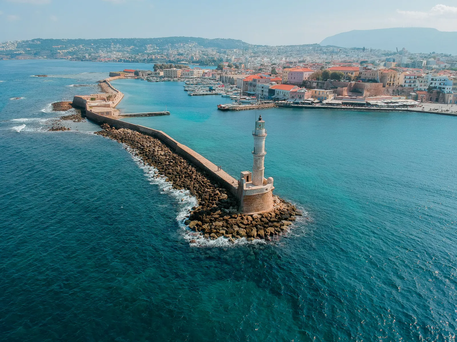 The Venetian lighthouse and harbour front at Chania in western Crete