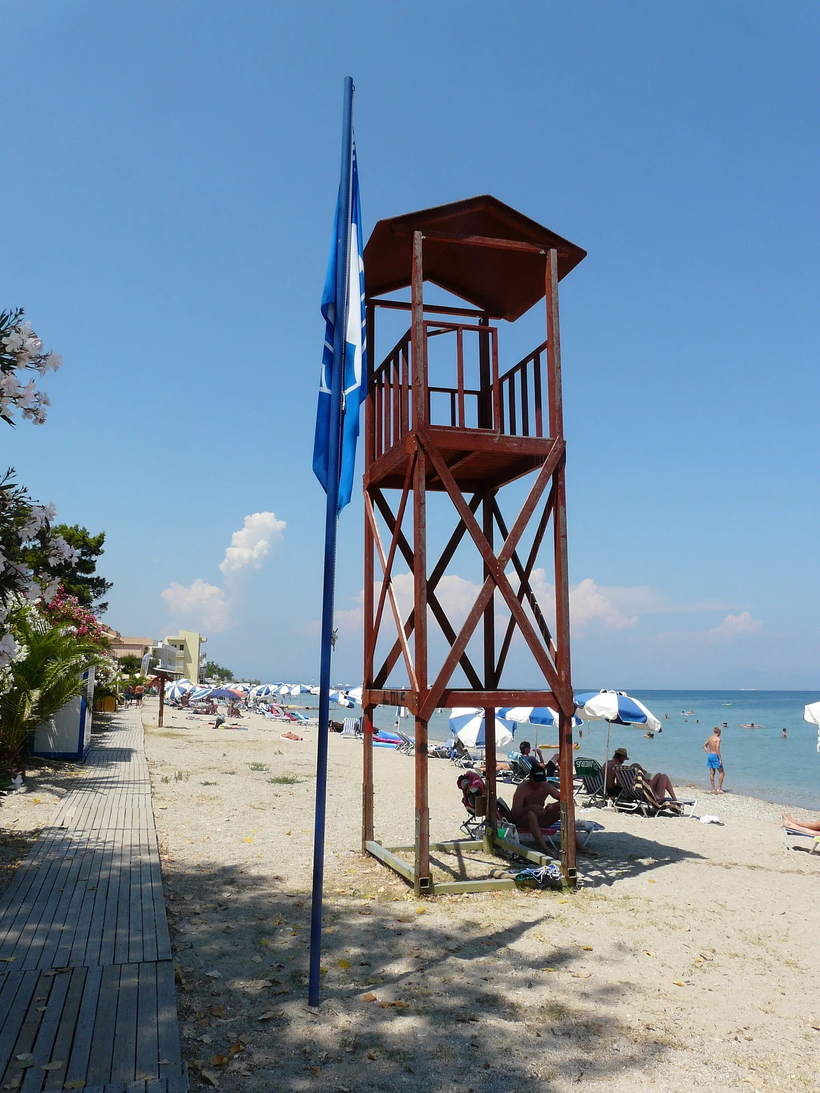 A lifeguard station on a Greek beach on a bright summer day