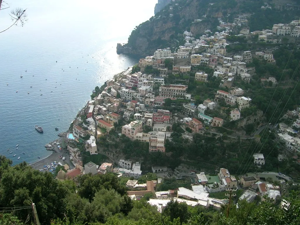 Colourful houses of Positano stacked above the sea on the Amalfi Coast in southern Italy