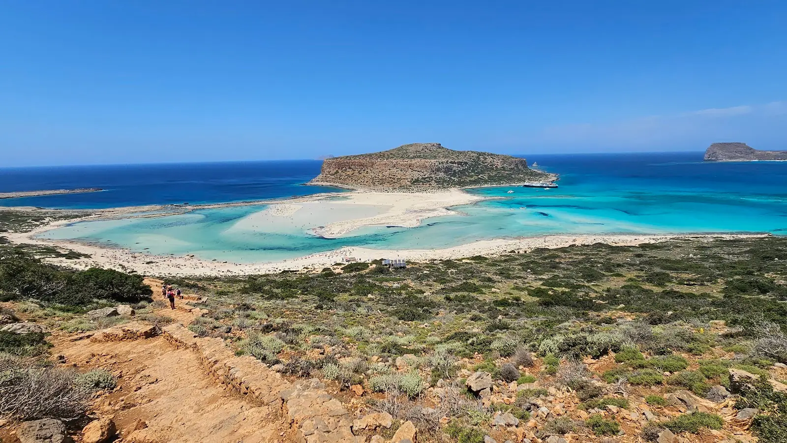 Balos lagoon in northwest Crete, Greece, with turquoise shallow water and Cape Tigani