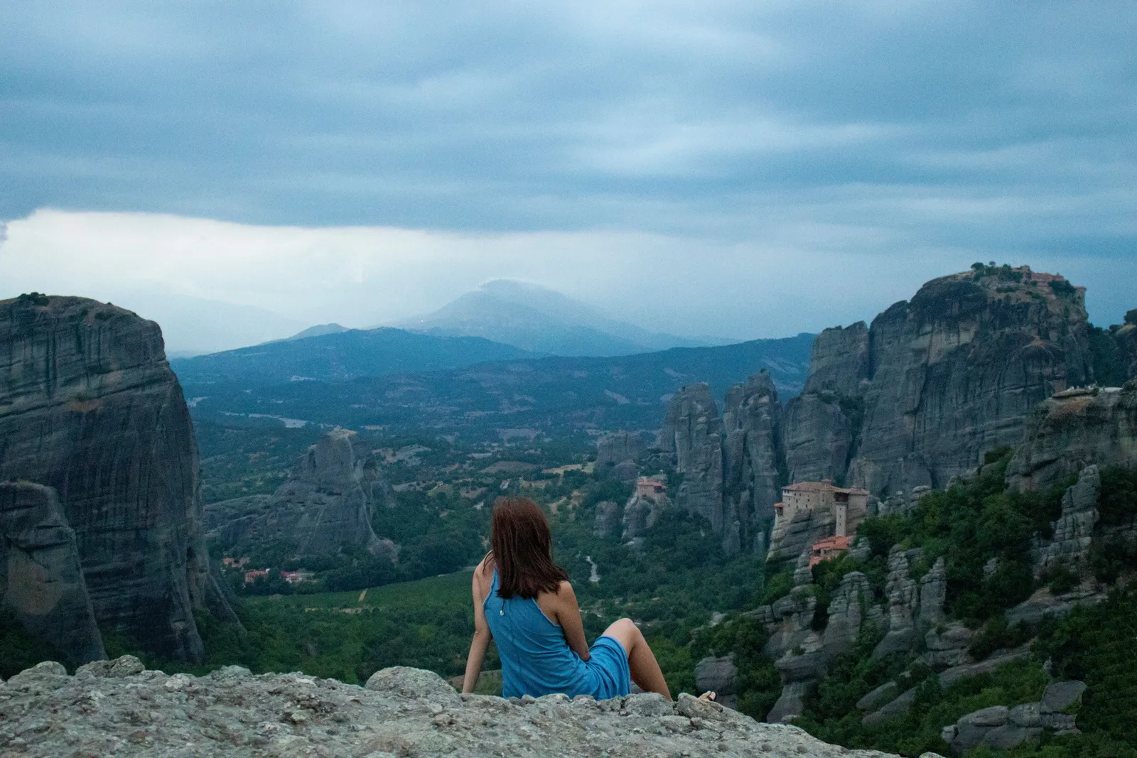 Monasteries perched on tall rock pillars at Meteora in central Greece