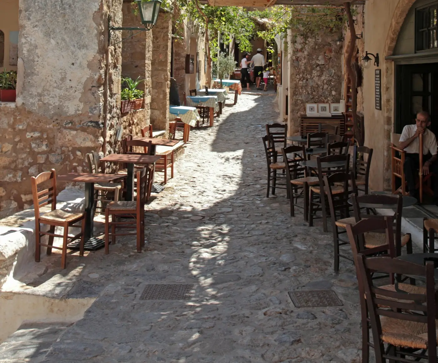A stone lane inside the walled lower town of Monemvasia, Greece