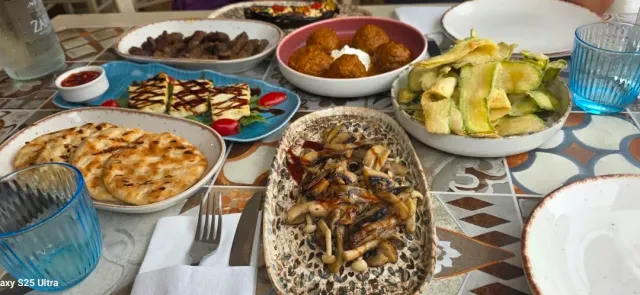 A table full of small dishes, fried balls, grilled zucchini, mushrooms and flatbreads on a tiled surface