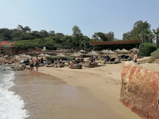 A sandy beach with straw parasols, sunbeds and a dark wooden building among the trees