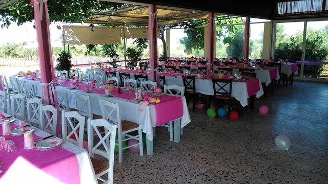 A shaded hall with long tables in pink tablecloths and white chairs, with balloons on the floor