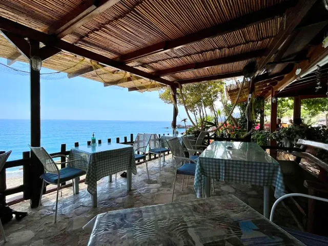 A terrace with a bamboo roof, pale blue checked tablecloths and metal chairs facing the sea and beach
