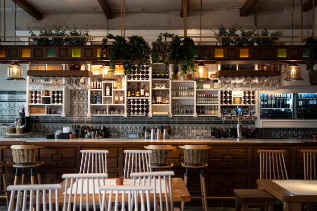 A long wooden bar with bottle shelves, hanging plants and wicker stools