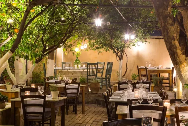 A paved courtyard in the evening with citrus trees, hanging bulbs and set tables