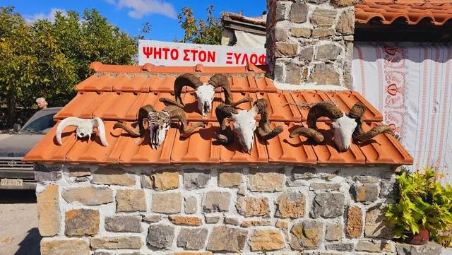 Ram skulls with curled horns on a tiled roof above a stone wall