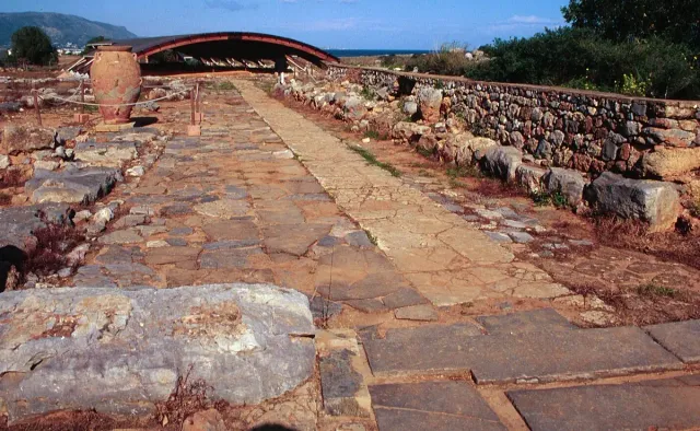 A paved stone path between the wall remains of an ancient palace, under a protective canopy