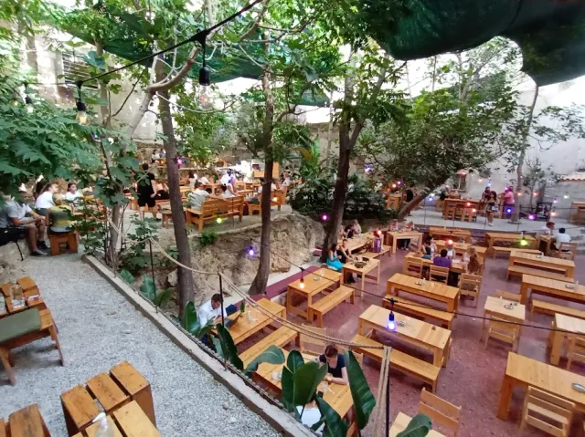 A large courtyard with wooden benches, trees, strings of bulbs and many people seated