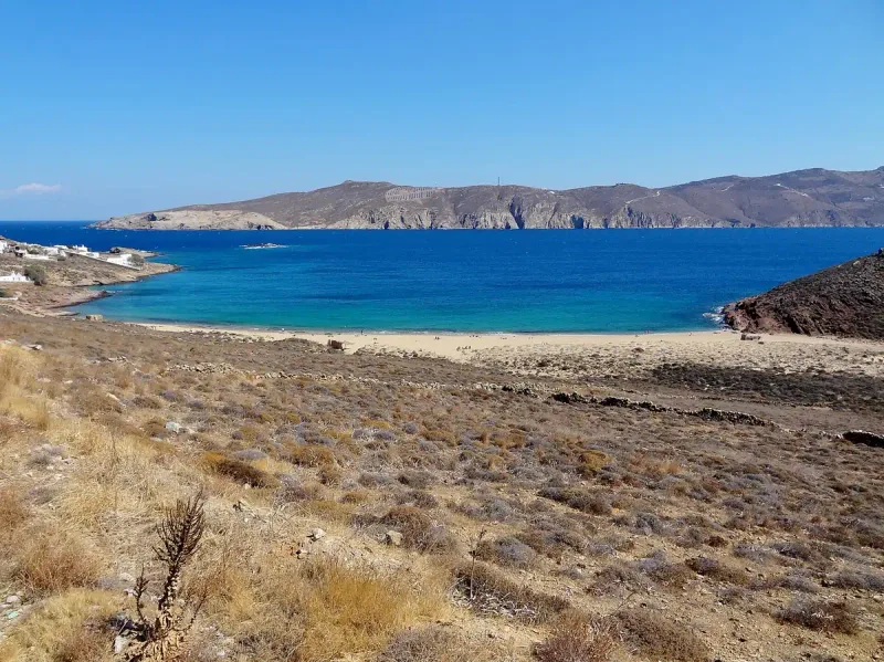 A deep blue bay seen from a dry, undeveloped hillside