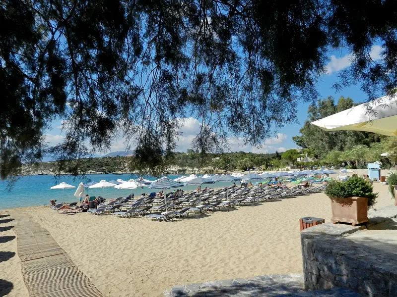 Marathi beach near Chania, sun loungers and umbrellas under the trees beside shallow water
