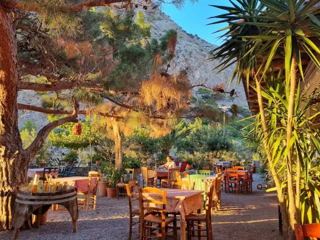 A gravel yard with wooden tables under a pine, a barrel and a rock cliff in golden light