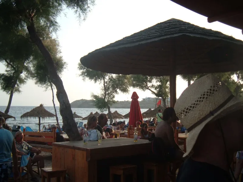 The Tropicana beach club at Paradise Beach on Mykonos, umbrellas and tables facing the sea