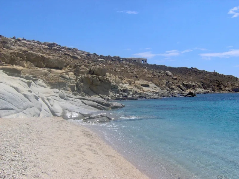 The turquoise water and pale rocks of Lia beach on Mykonos