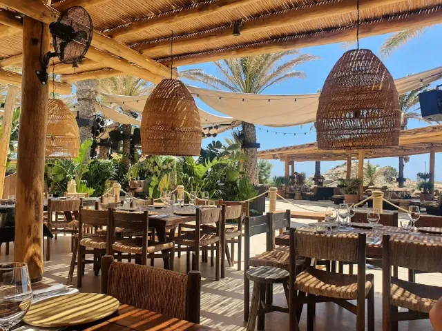 A terrace with a reed roof, hanging straw lamps, wooden tables and palms around