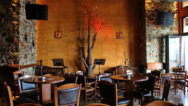 A warmly lit hall with stone walls, leather chairs and a small stage with music stands
