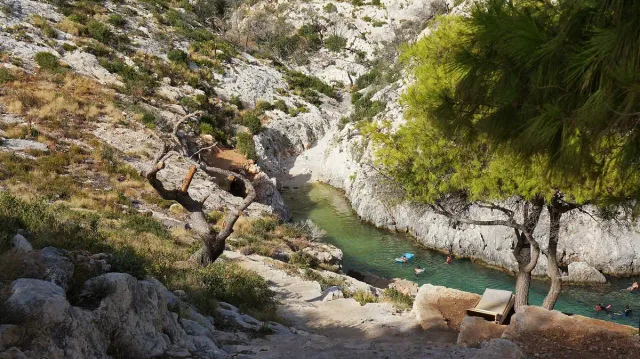 A narrow rocky inlet with clear green water, pine trees and stone bathing ledges
