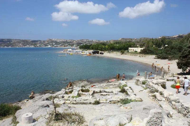 Agios Stefanos beach at Kefalos on Kos, white rocks at the edge of the bay