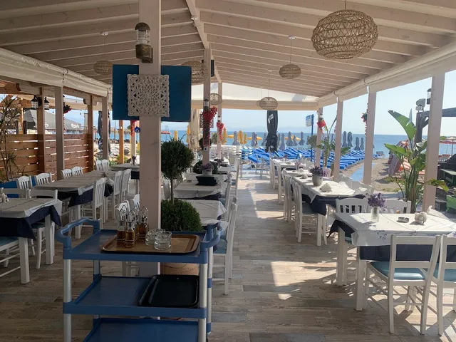 A covered terrace with tables set in blue and white, and blue sunbeds facing the sea