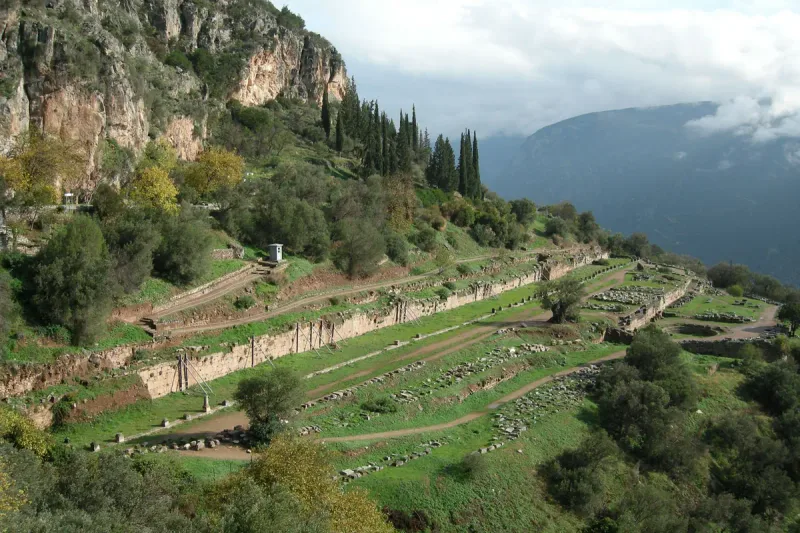 The terraces of the ancient gymnasium at Delphi on the green slope, among olive trees