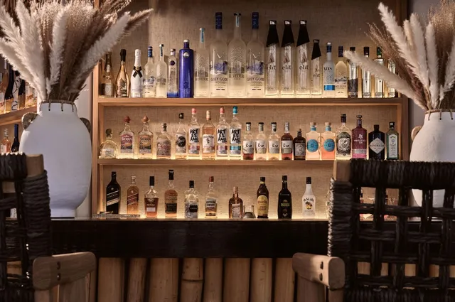 Lit shelves of bottles behind a counter, flanked by white vases with pampas grass