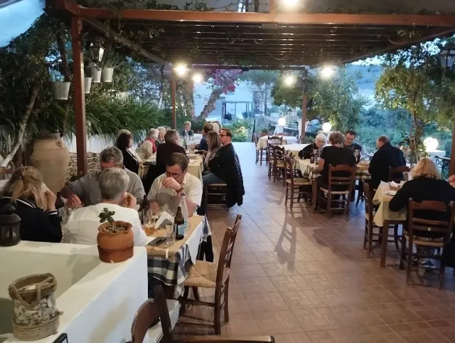 A vine covered terrace in the evening, many diners at white tables and hanging lamps