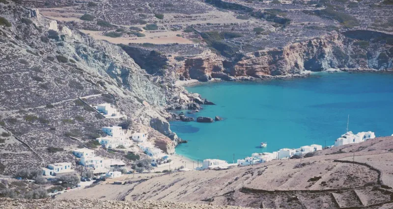 A view down over Agali bay on Folegandros and its turquoise water