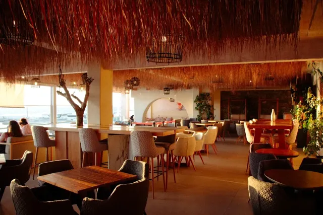 An interior with a thatched ceiling, a stone counter, armchairs and wooden tables