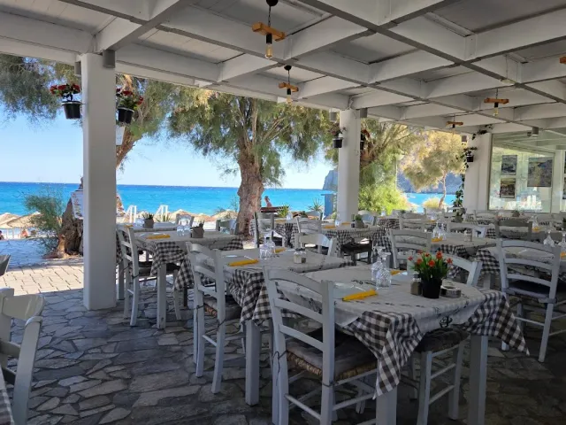 A terrace with checked cloths and flower pots, and beyond the trees a beach and blue sea