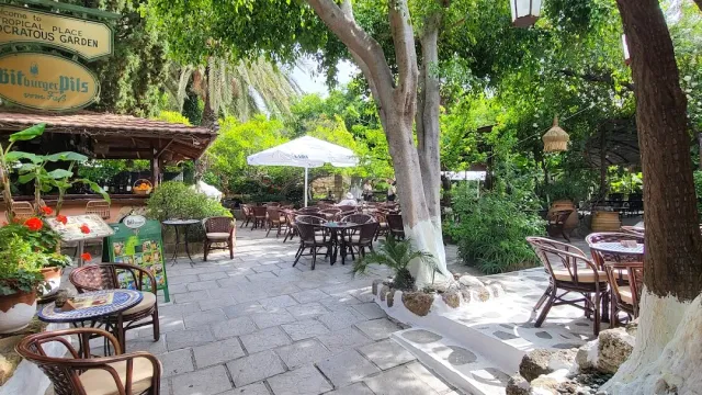 A paved garden courtyard in the shade of tall trees, with a white parasol and wicker chairs
