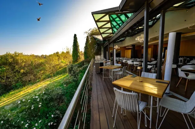 A wooden deck with tables and white chairs, overlooking a green expanse