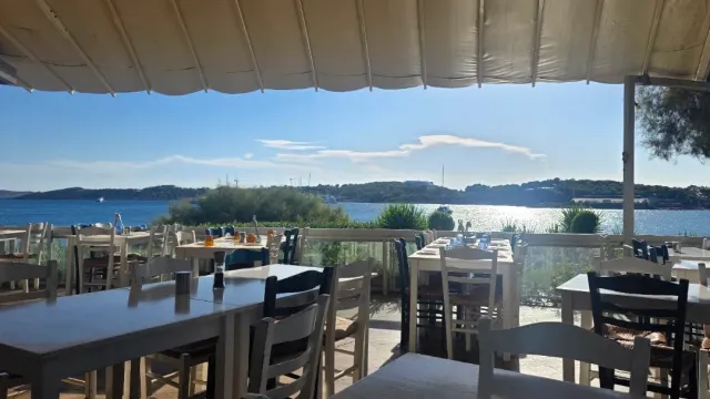 A terrace under a pale awning with white tables and chairs facing a blue bay and a green headland