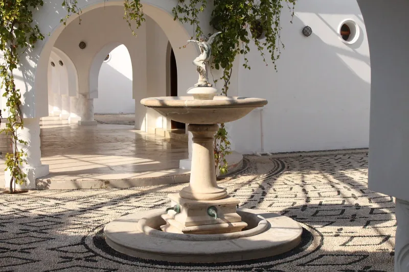 The fountain in the arcaded courtyard of Kallithea Springs on Rhodes