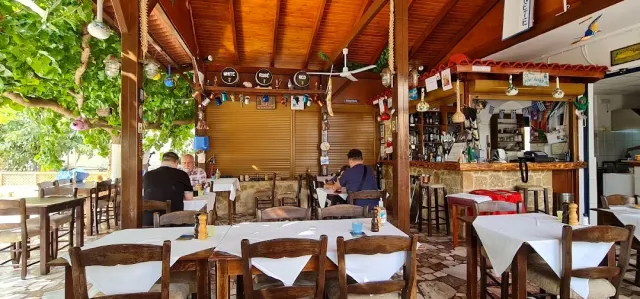 A taverna covered by wooden beams and a vine, tables with white cloths, wooden chairs and a bar counter