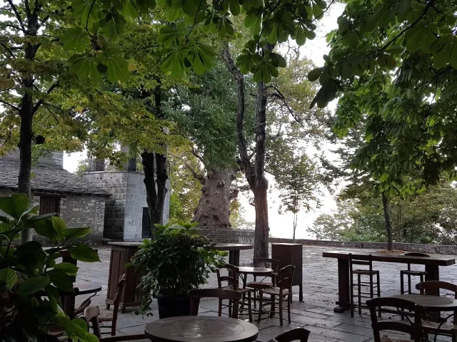 A paved village square under huge plane trees, with wooden tables and chairs