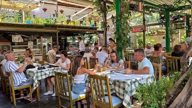 A courtyard shaded by greenery with green checked cloths and full tables