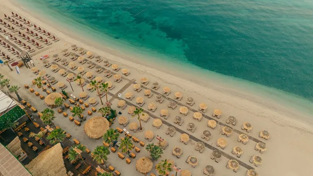 A view from above of rows of straw umbrellas and sun loungers along a beach with clear water