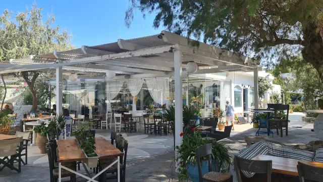A courtyard with a white pergola, wooden tables, potted plants and a glass building behind