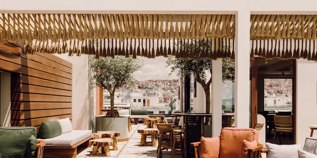 A rooftop terrace with sofas, potted olive trees and a straw canopy above, facing the city view