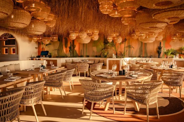 A room with a thatched ceiling, many wicker lamps and round rattan chairs