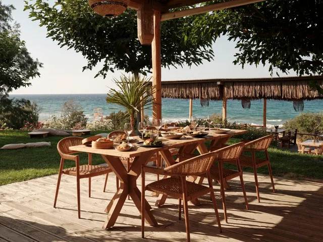 A wooden table set with dishes on a grassy terrace, with the sea in the background