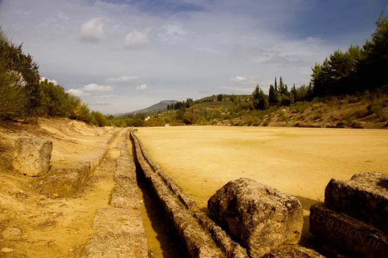 The running track of the ancient stadium at Nemea, between its earth banks