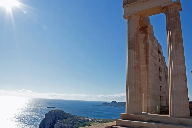 The columns of the temple of Athena Lindia at Lindos, above the sea